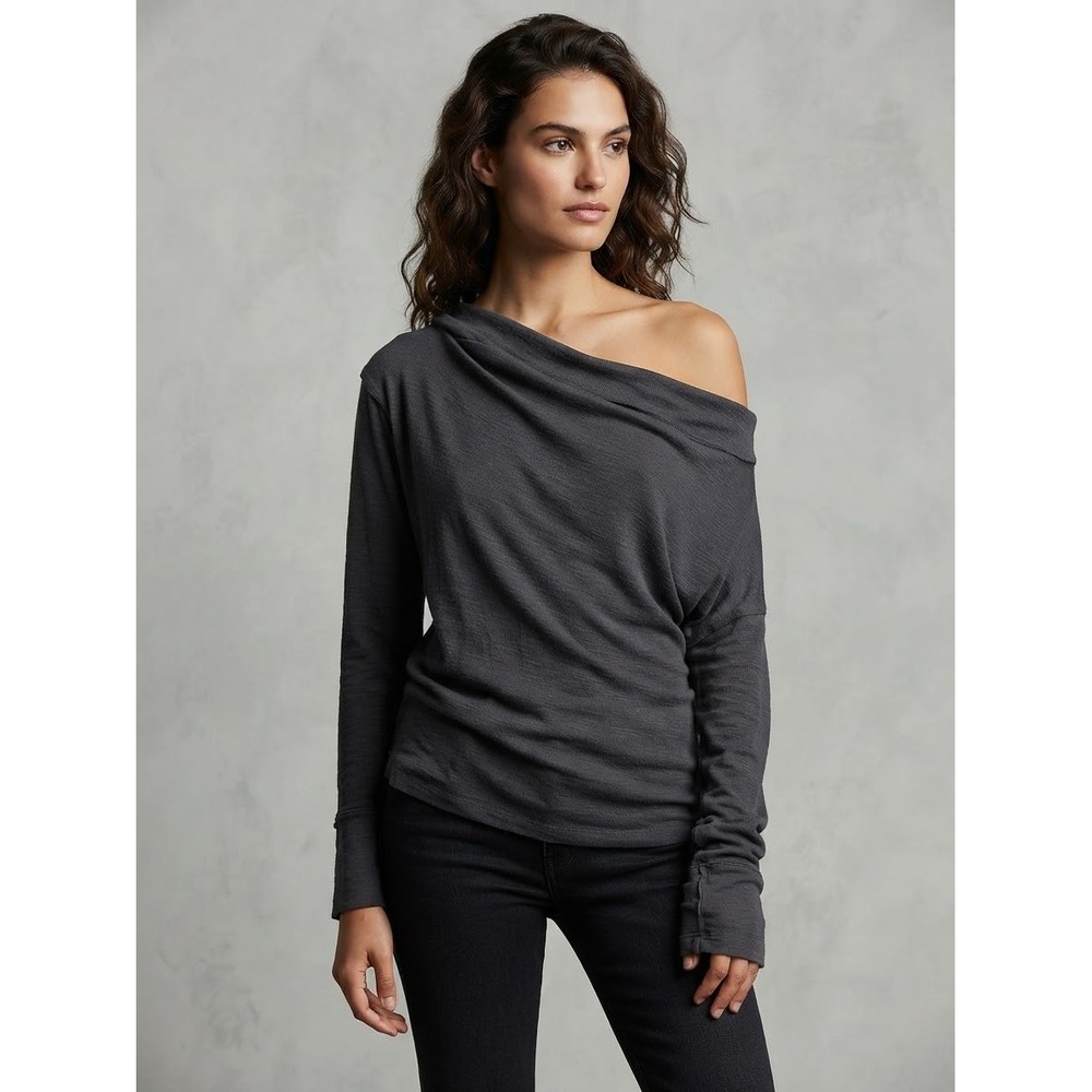 Free People Women Top S Black We The Free Draped Off Shoulder Long Sleeve Cotton